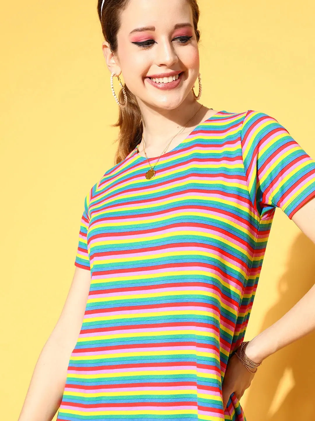 Women's Rainbow Stripes Cotton Tent Dress - Ethnic & Casual