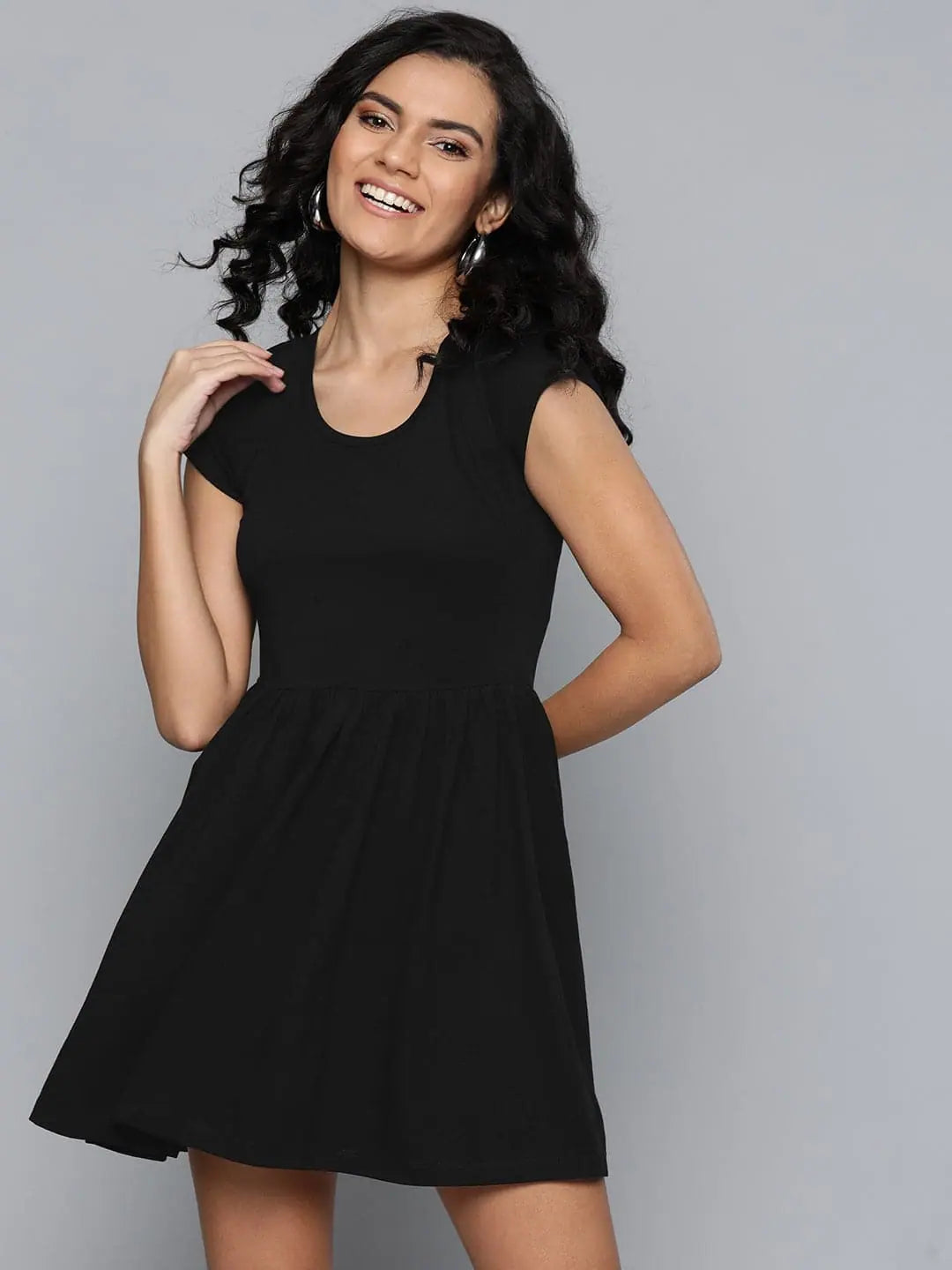 Black Round Neck Skater Dress