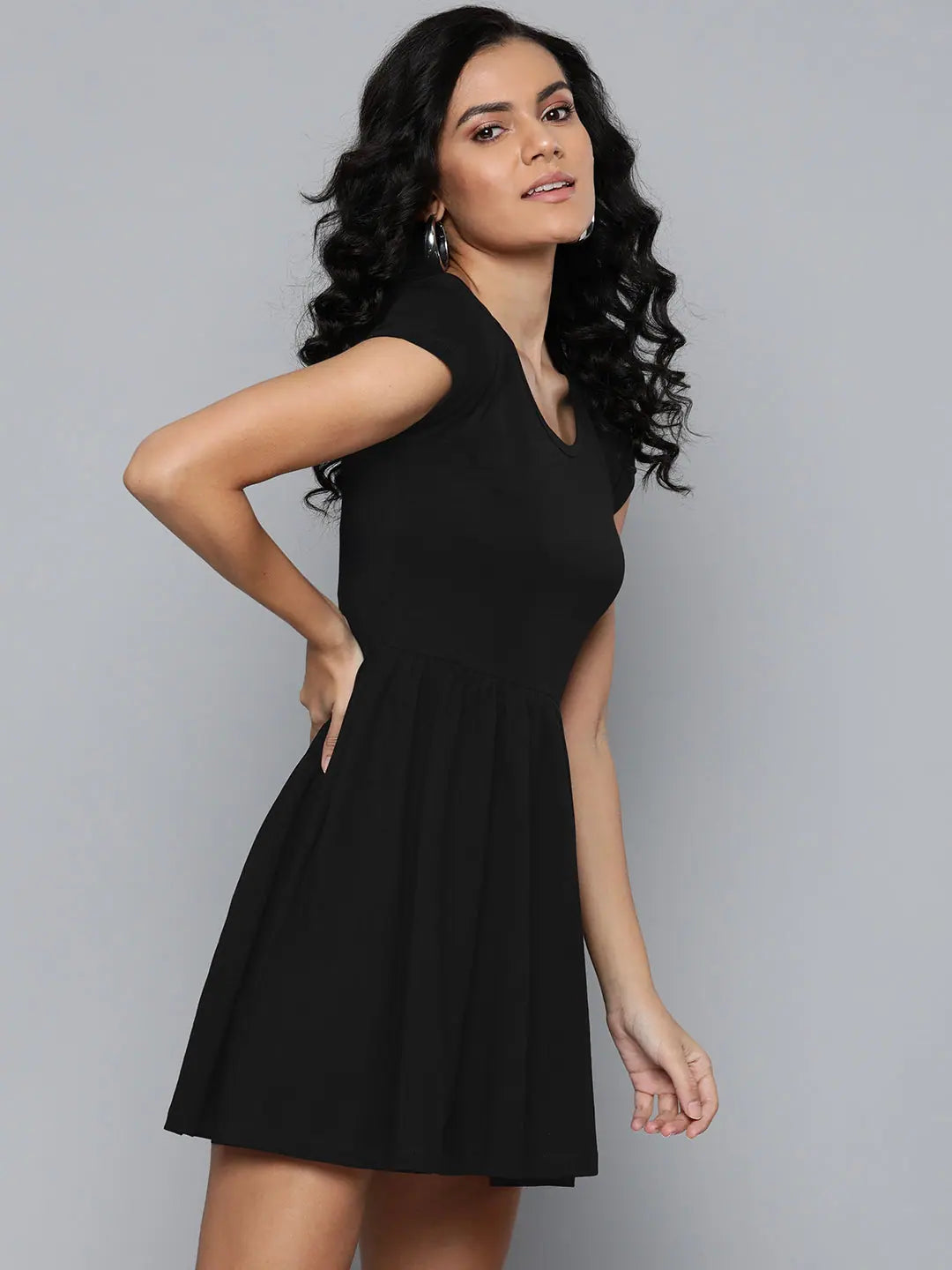Black Round Neck Skater Dress - Cotton, Comfortable Fit