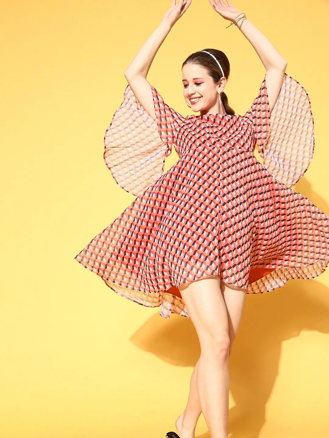 Orange Geo Print Cape Dress | Women's Flared Knee-Length