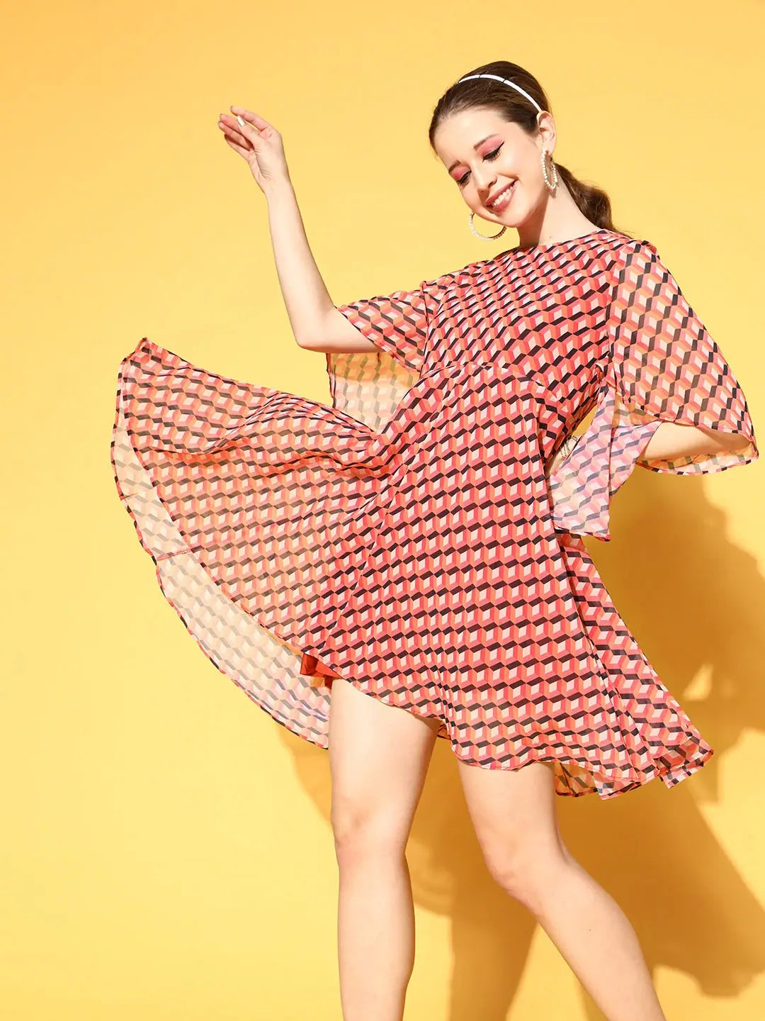 Orange Geo Print Cape Dress | Women's Flared Knee-Length