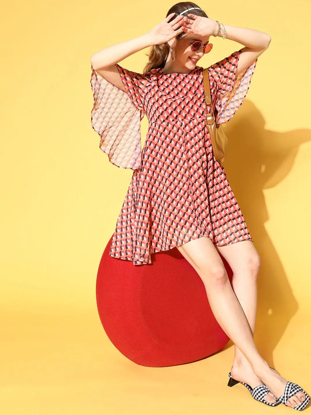 Orange Geo Print Cape Dress | Women's Flared Knee-Length
