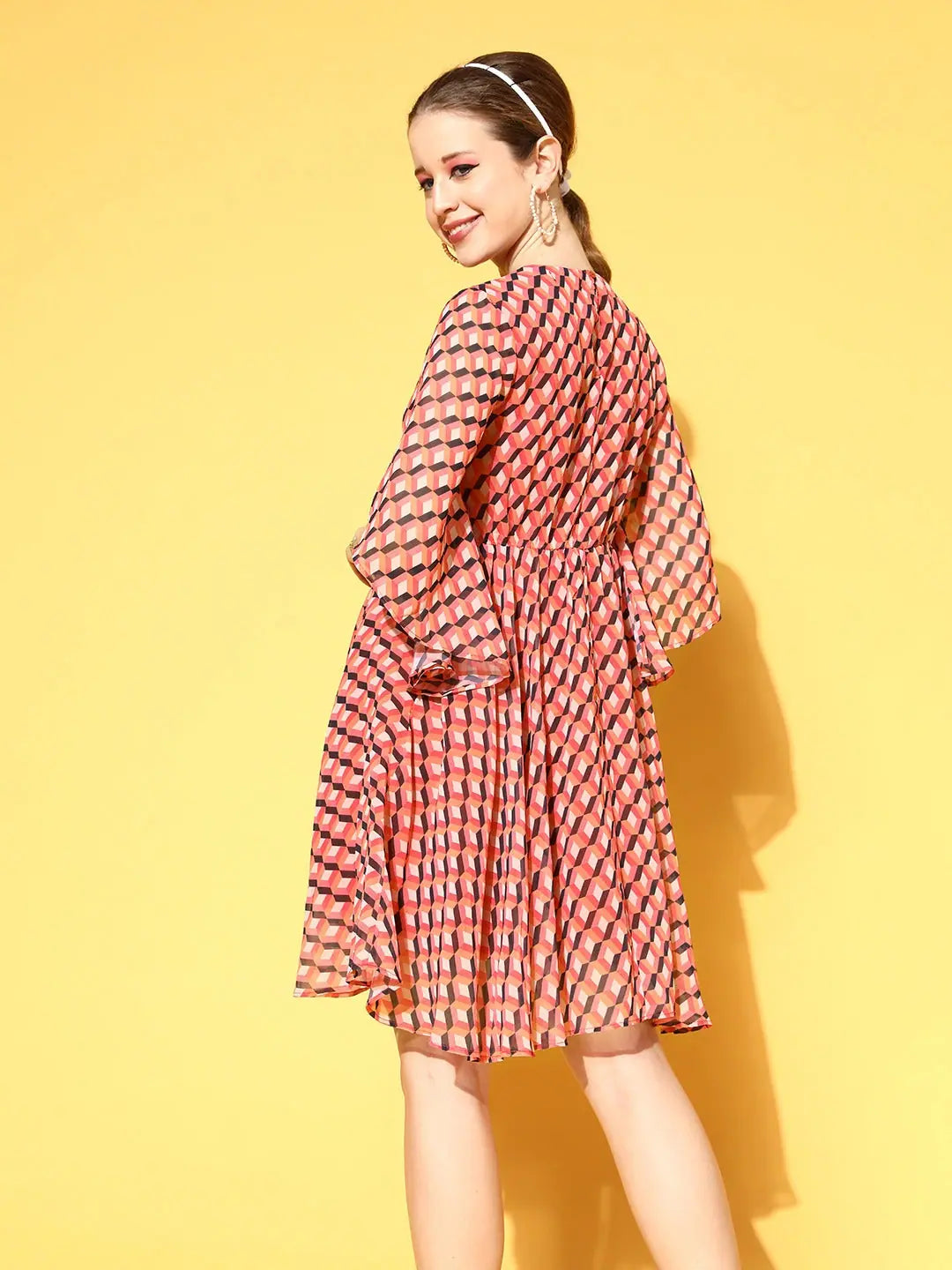 Orange Geo Print Cape Dress | Women's Flared Knee-Length