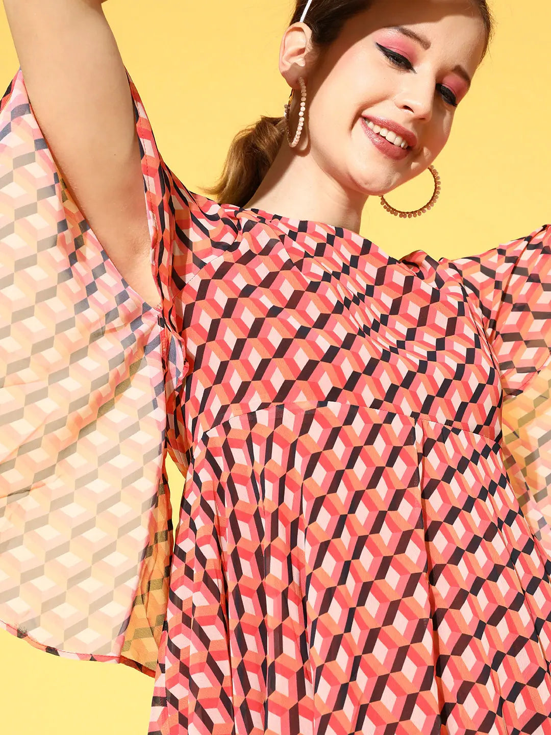 Orange Geo Print Cape Dress | Women's Flared Knee-Length