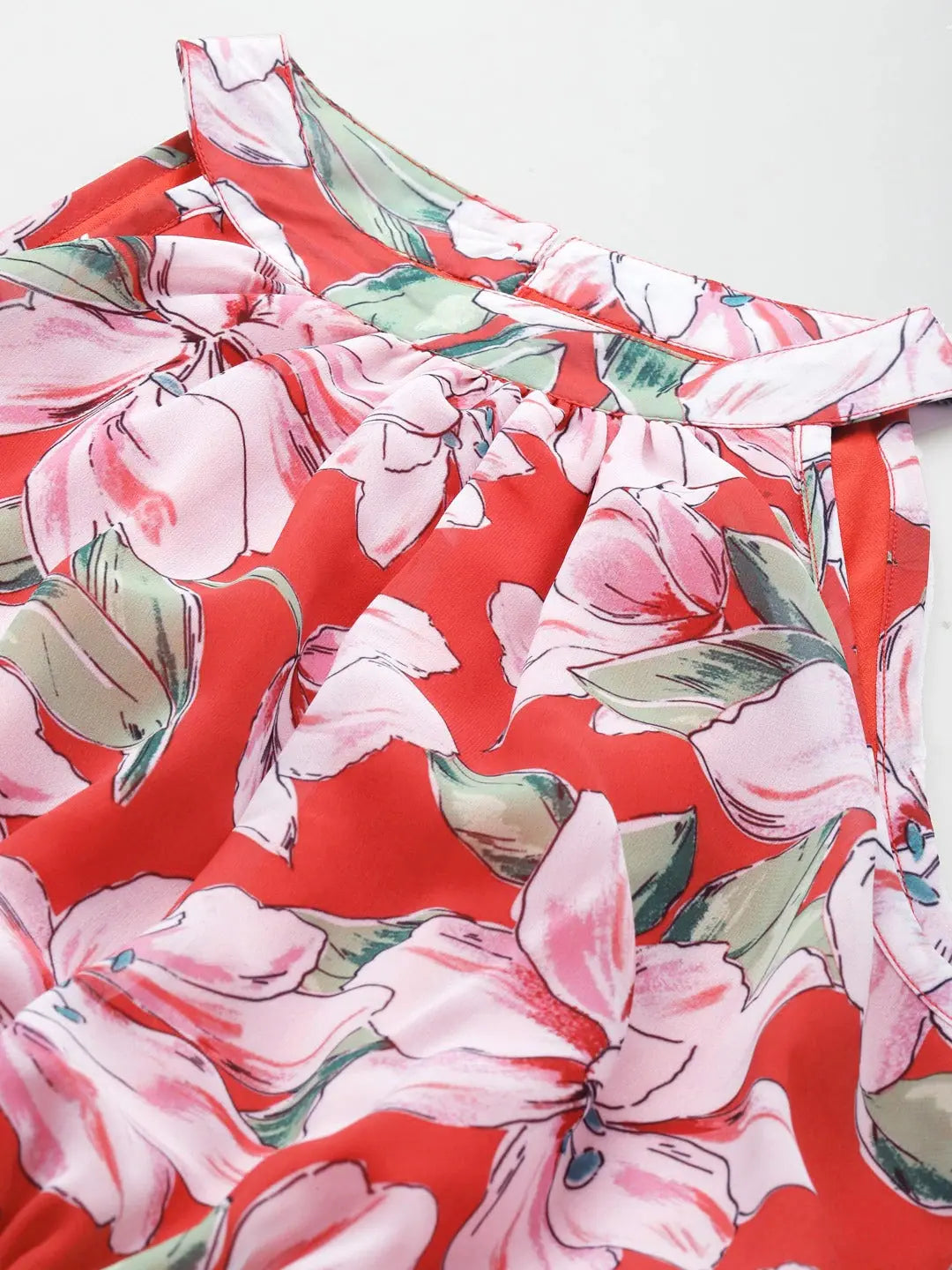 Red Floral Midi Dress - Lightweight Georgette, Comfort Fit