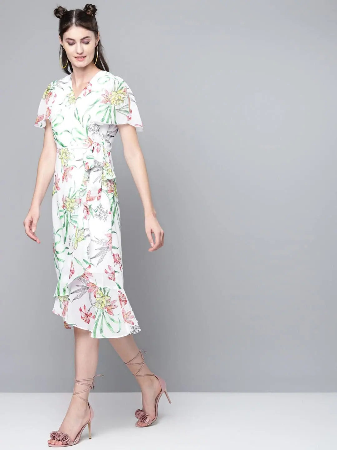 White Floral Midi Dress - Georgette Wrap Dress for Women