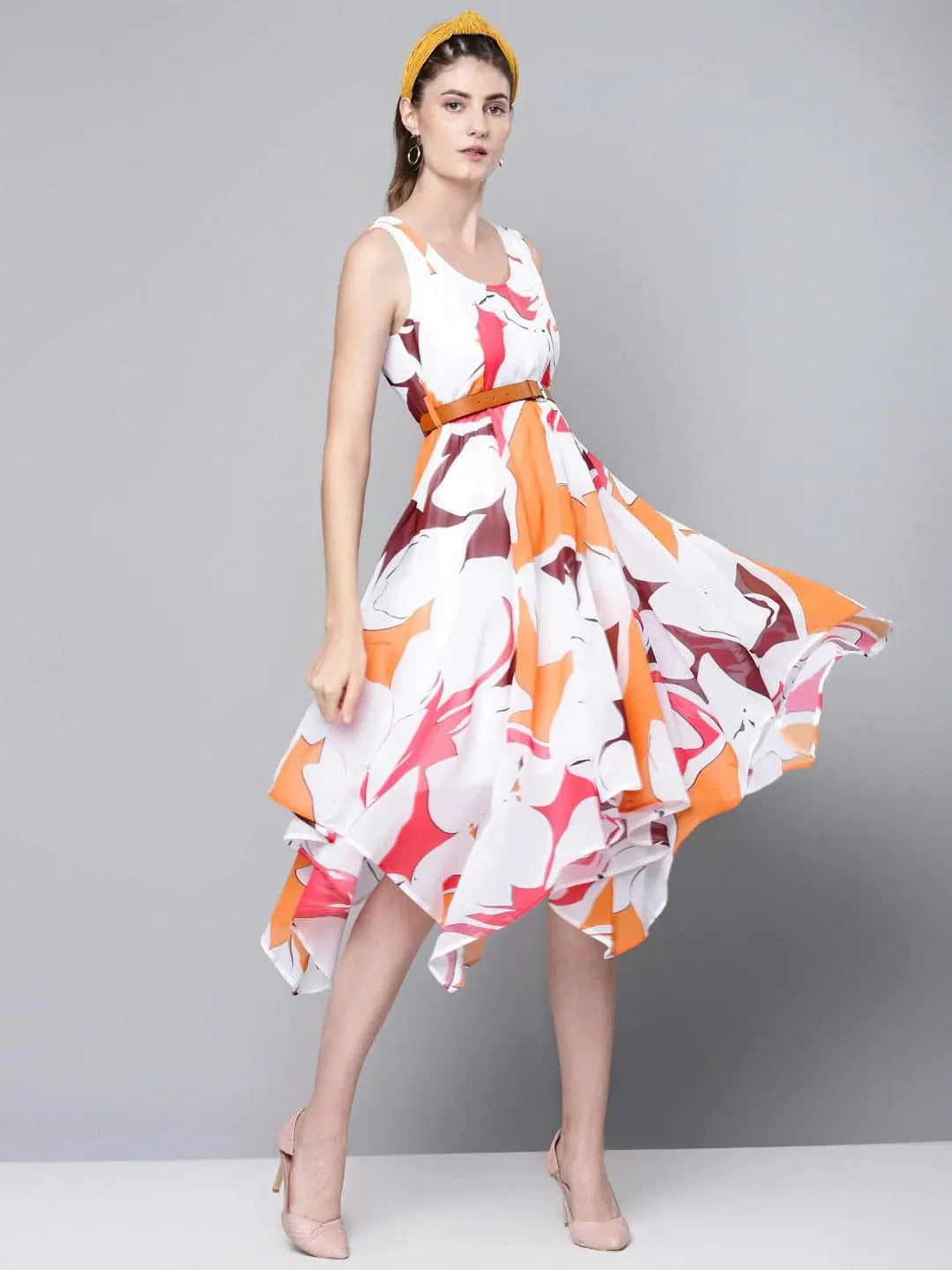 Orange Floral Midi Dress - Designer Lehenga Party Wear Style