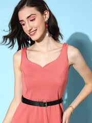 Women Coral Scuba Sweetheart Midi Belted Dress