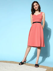Women Coral Scuba Sweetheart Midi Belted Dress