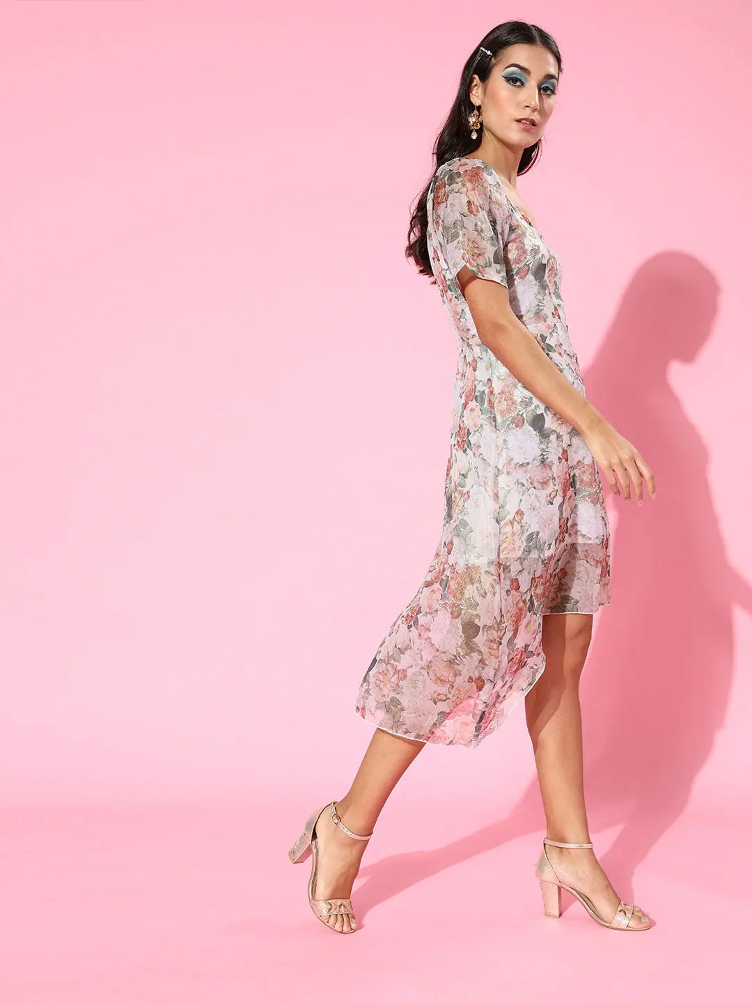 Beige Floral Sweetheart Neck Midi Dress | Party Wear Lehenga