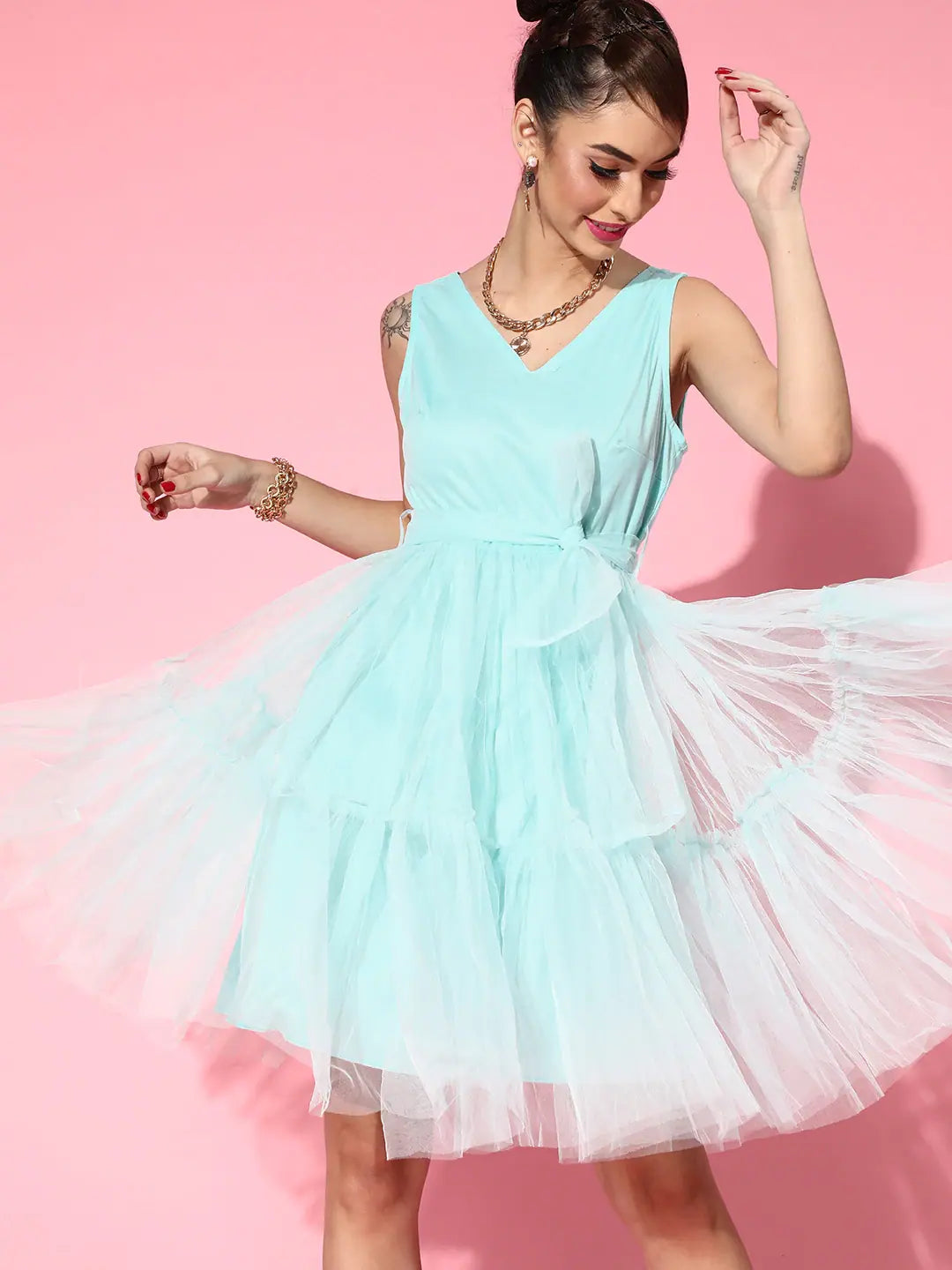 Sea Green Tulle Belted Dress | Party Wear Lehenga Style Sea Green Tulle Belted Dress | Party Wear Lehenga Style