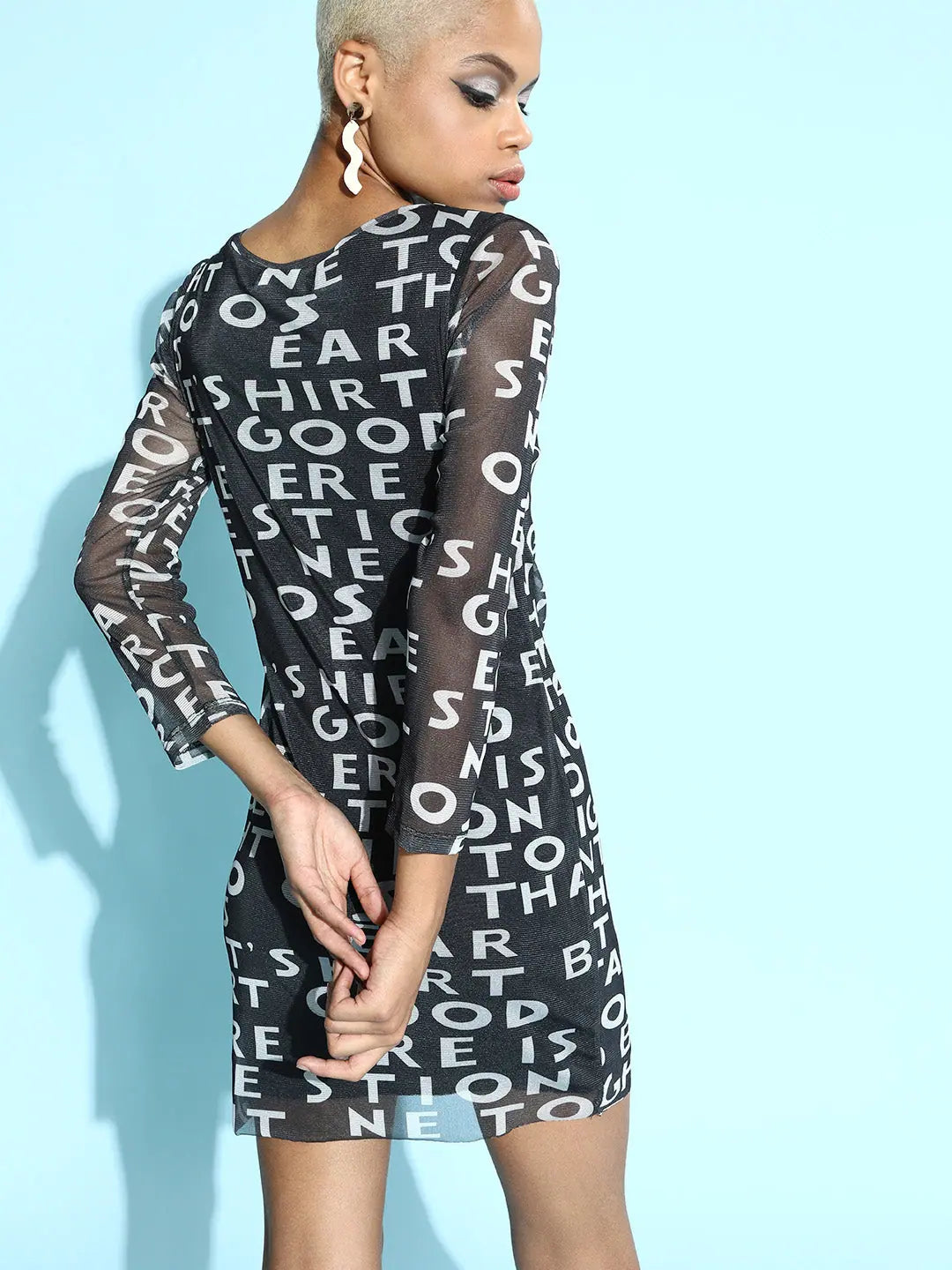 Black Printed Mesh Bodycon Dress | Designer Lehenga Look