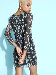 Black Printed Mesh Bodycon Dress