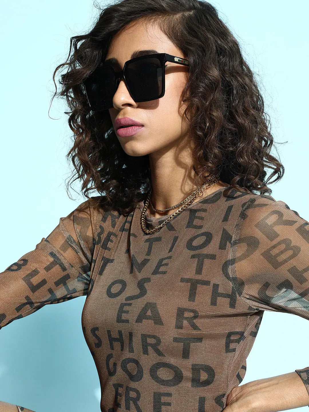 Brown Bodycon Dress - Printed Mesh, Women's Party Lehenga Style