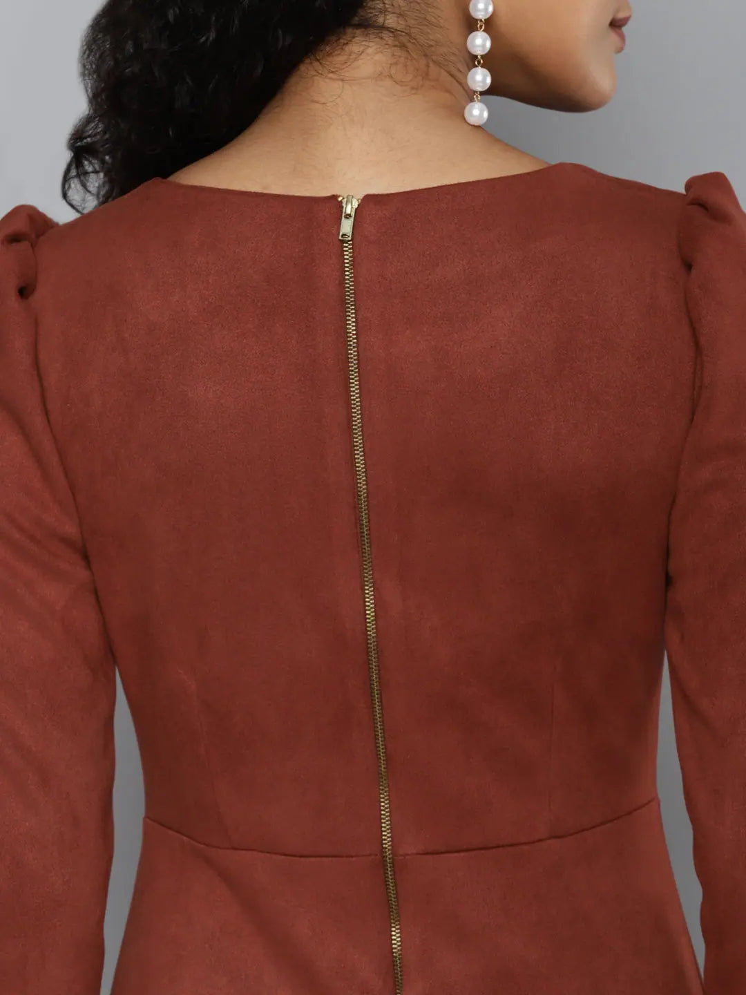 Rust Suede Frill Hem Dress - Designer Lehenga Choli Style