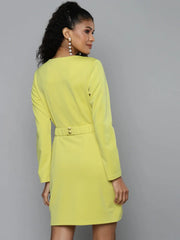 Yellow Scuba Front Button Belted Dress