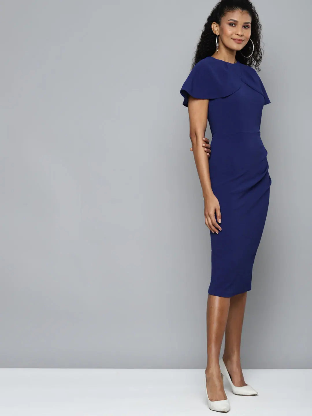 Royal Blue Bodycon Dress with Cape Detail - Women's Lehenga Style