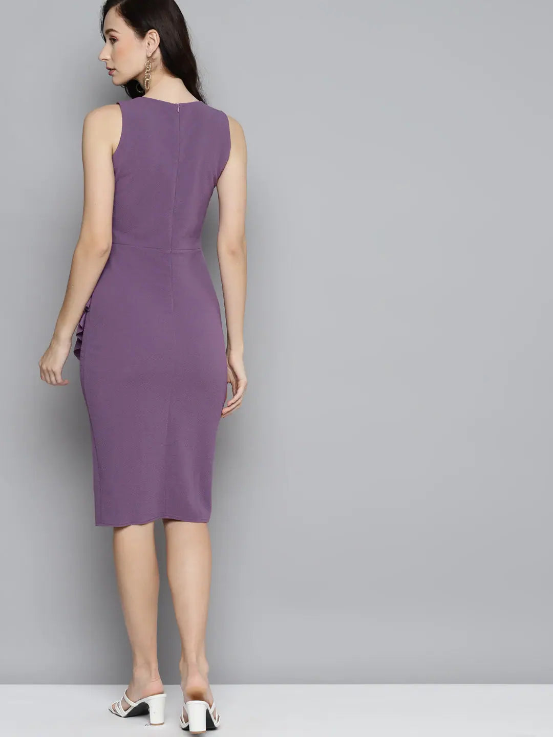 Lavender Bodycon Dress: One Side Frill, Stylish Fit