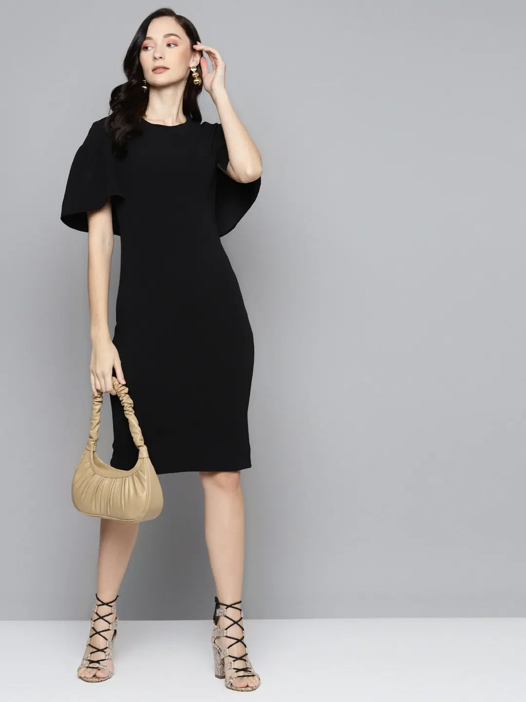 Black Bodycon Dress - Frill Cape Detail, Women's Lehenga Style