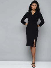 Black Notch Collar Belted Dress