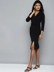 Black Notch Collar Belted Dress