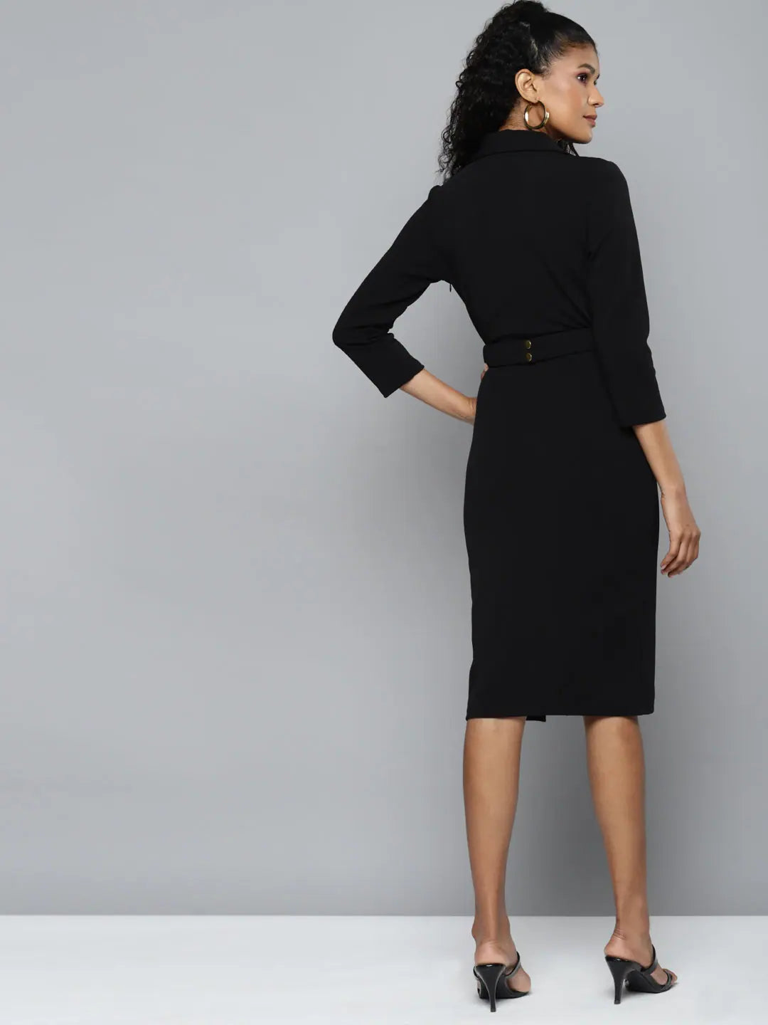 Chic Black Belted Dress - Women's Midi Length Style