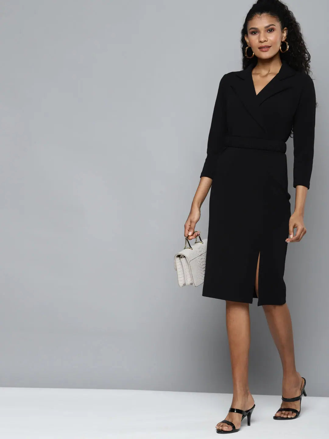 Chic Black Belted Dress - Women's Midi Length Style