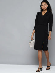 Black Notch Collar Belted Dress