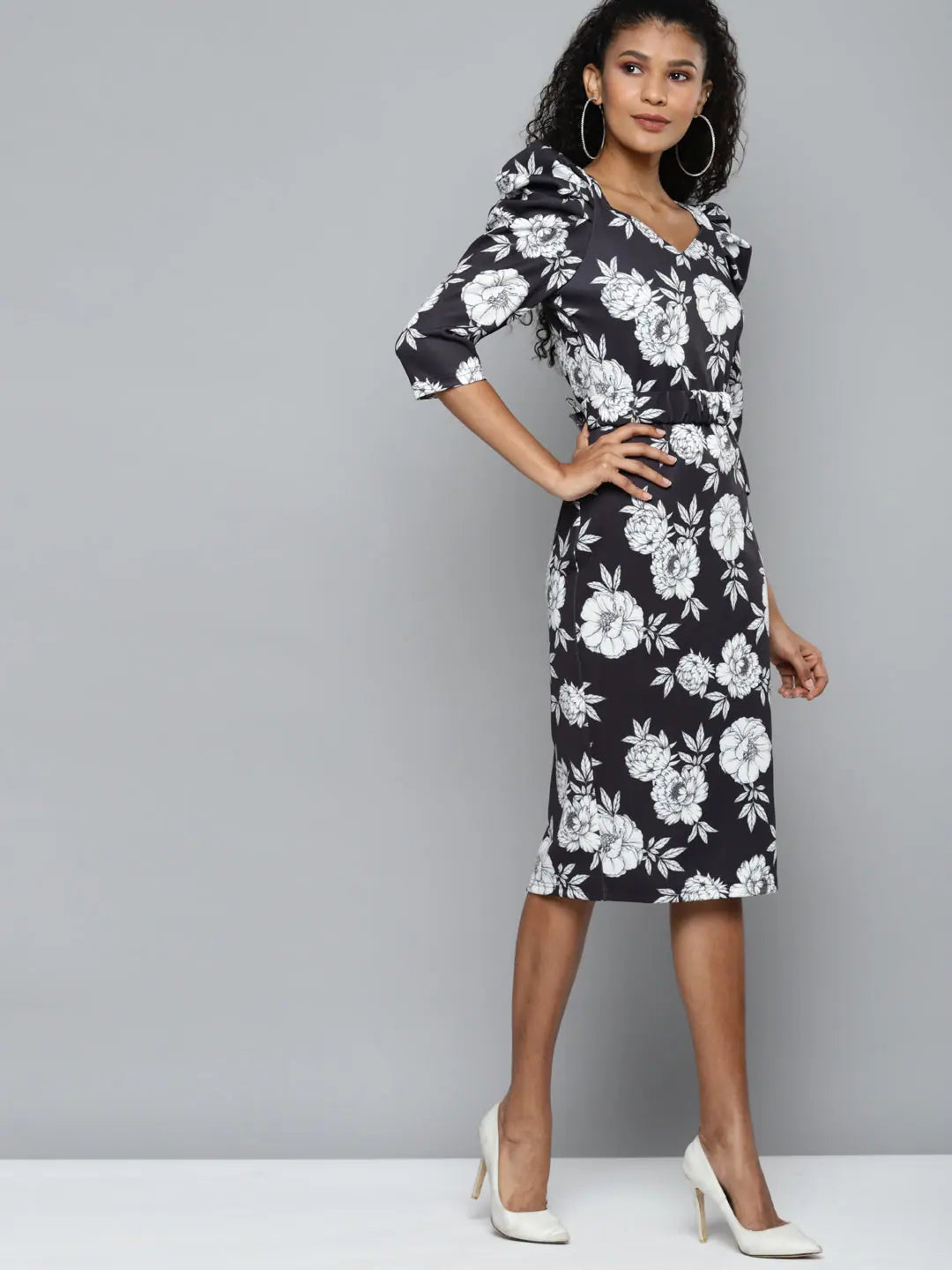 Floral Power Shoulder Midi Dress - Traditional Indian Lehenga