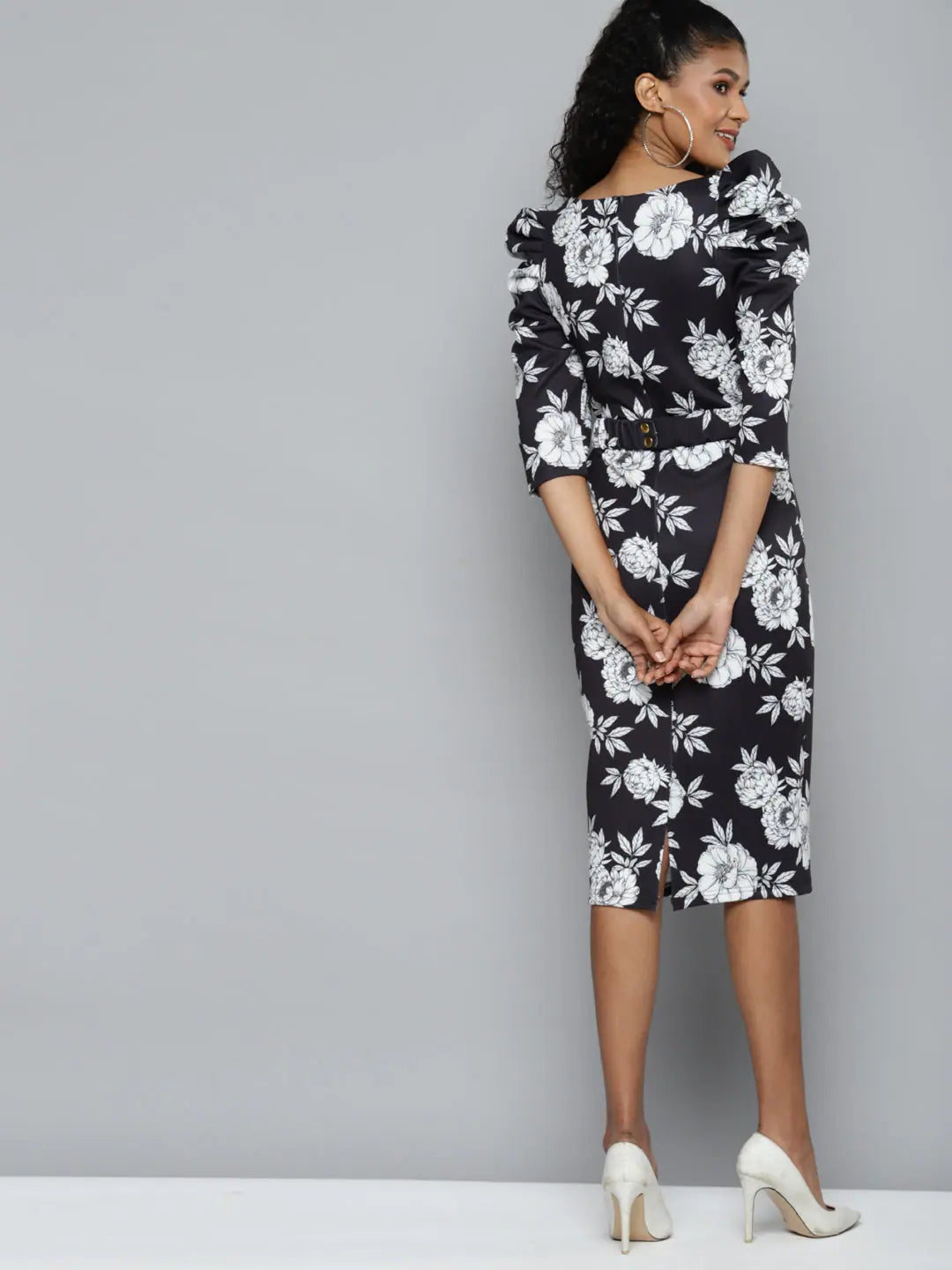 Floral Power Shoulder Midi Dress - Traditional Indian Lehenga