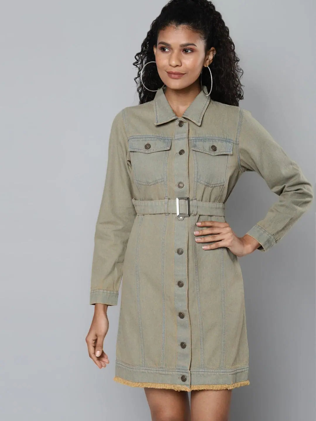 Grey Denim Belted Dress - Casual Women's Fashion