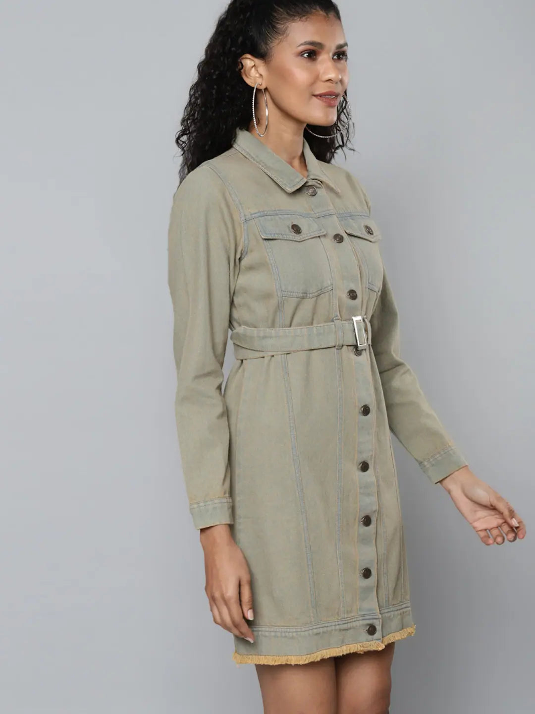 Grey Denim Belted Dress - Casual Women's Fashion