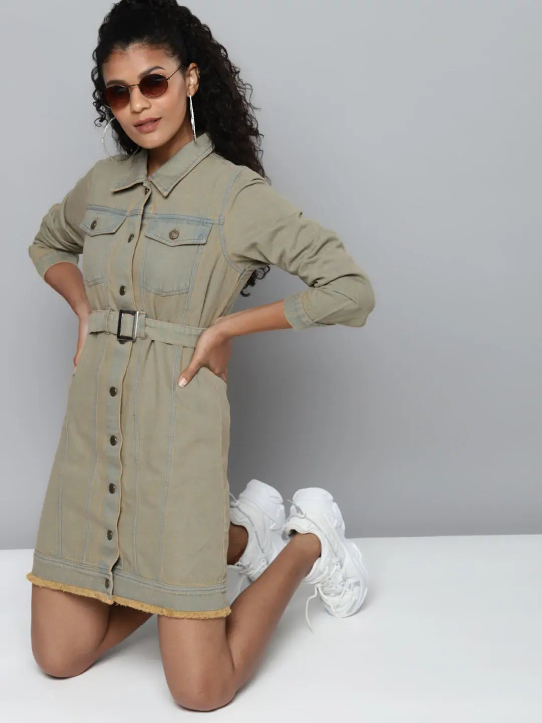 Grey Denim Belted Dress - Casual Women's Fashion