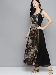 Green Floral Chiffon Sweetheart Neck Maxi