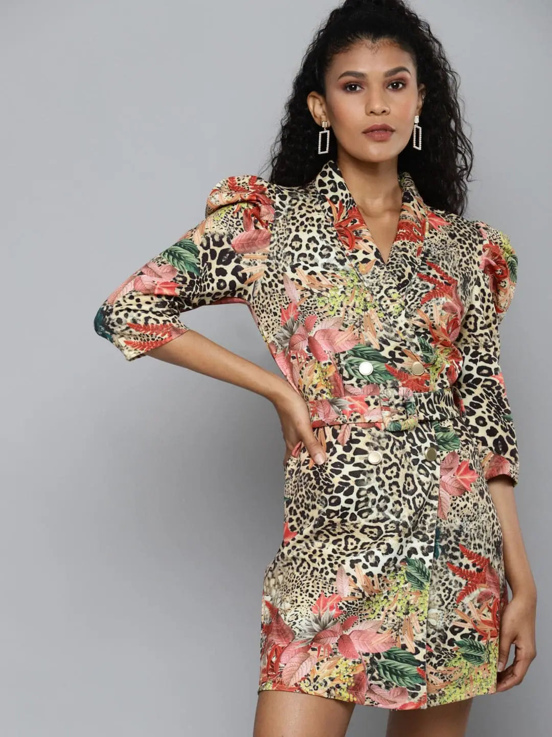 Beige Animal Floral Blazer Dress | Party Wear Outfit