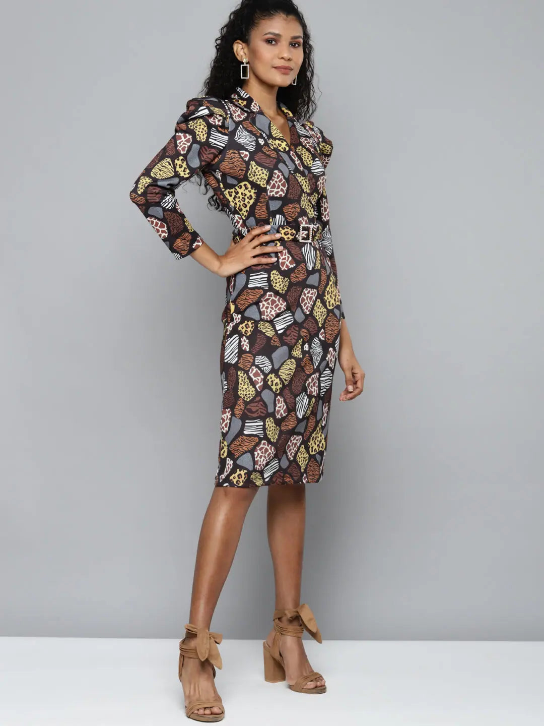 Black Animal Print Belted Dress | Designer Lehenga Style