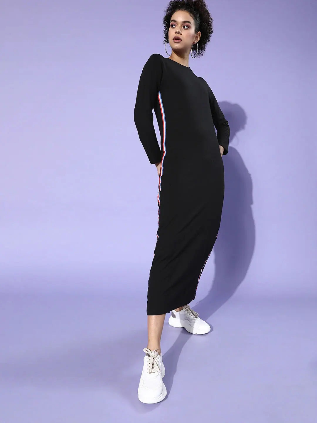 Black Terry Round Neck Maxi Dress with Tape Detail