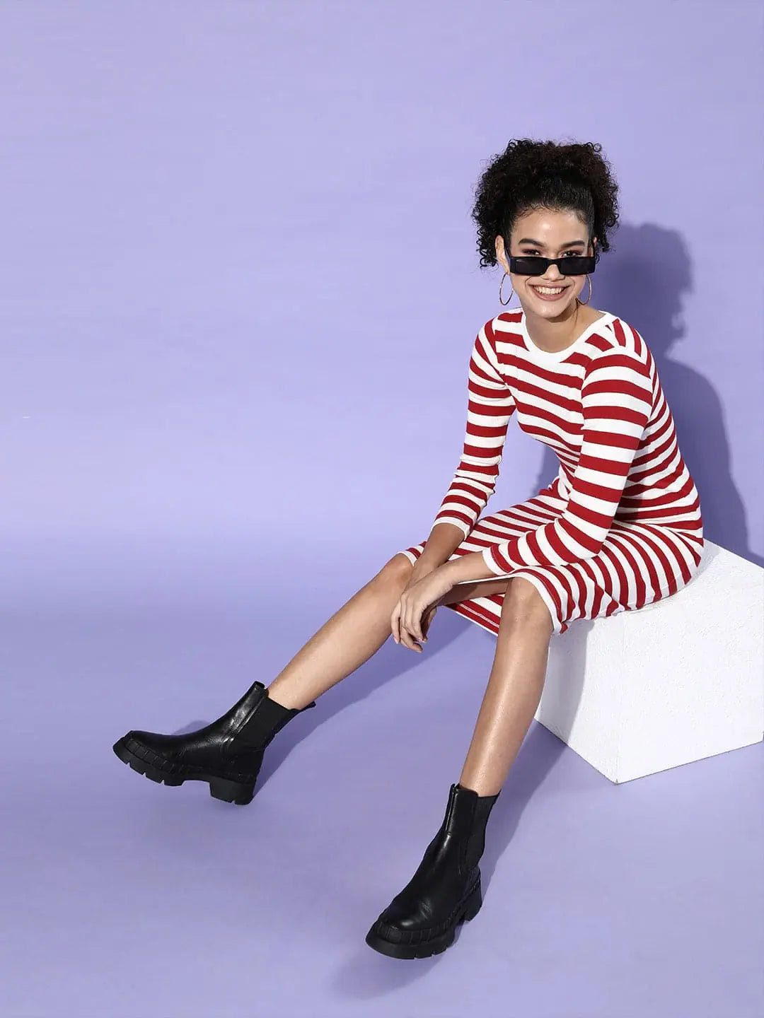 Red & White Stripe Bodycon Dress | Cotton Rib Fabric