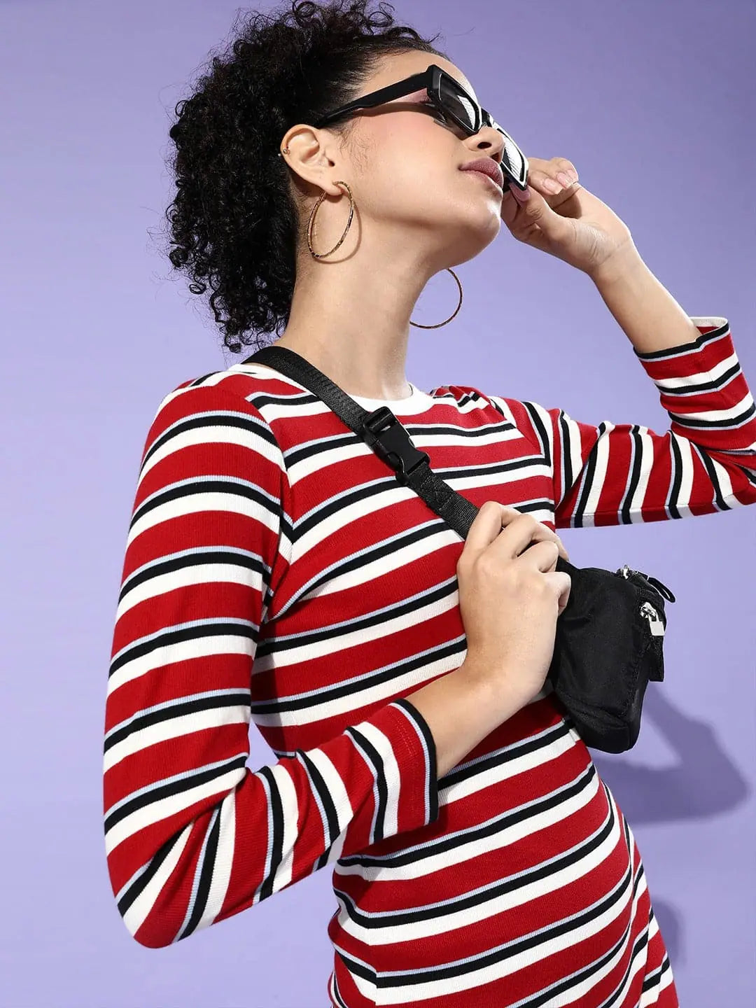 Red Stripe Rib Bodycon Dress - Cotton, Full Sleeves, Slim Fit
