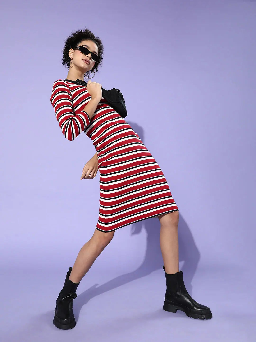 Red Stripe Rib Bodycon Dress - Cotton, Full Sleeves, Slim Fit