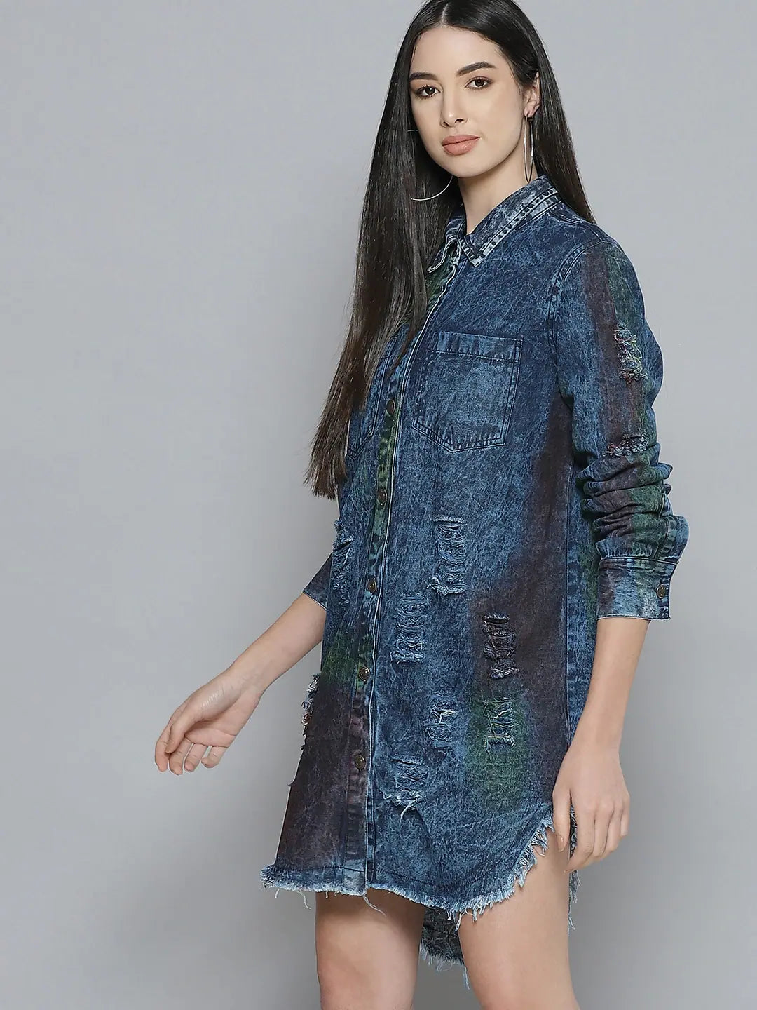 Denim Shirt Dress - Women's Lehenga Style, Rainbow Wash