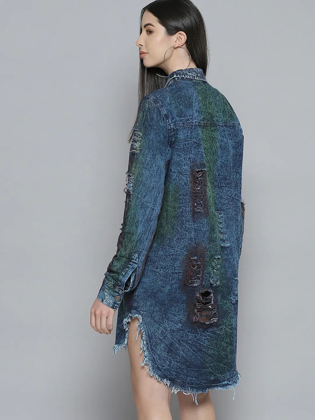 Denim Shirt Dress - Women's Lehenga Style, Rainbow Wash