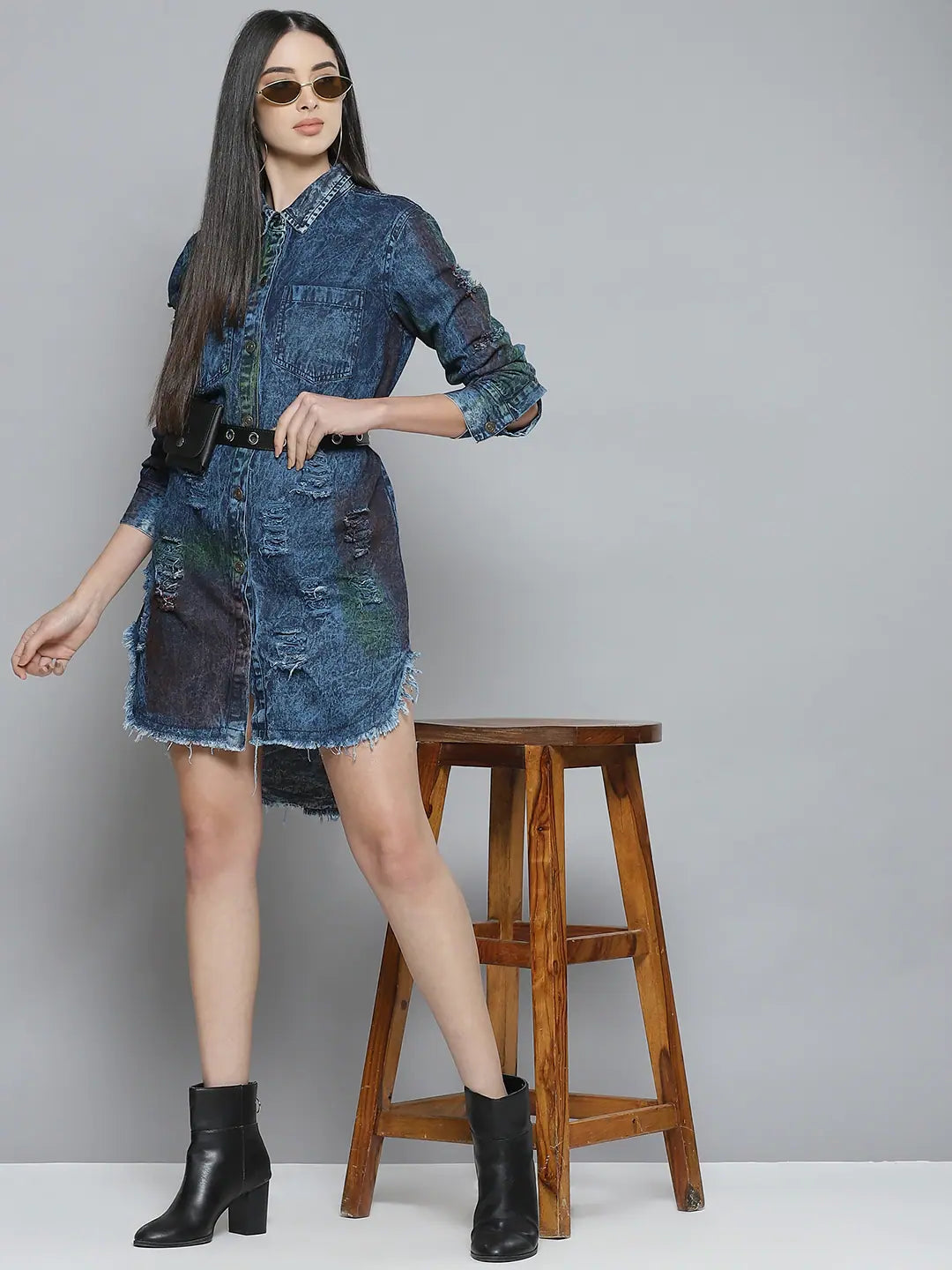 Denim Shirt Dress - Women's Lehenga Style, Rainbow Wash