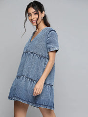 Blue Denim Tiered Shorts Dress
