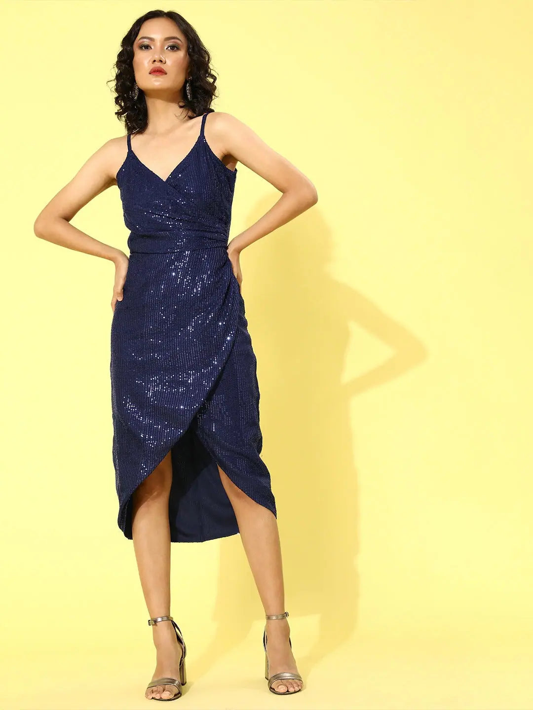 Navy Sequin Strappy Wrap Dress | Party Wear Lehenga Look