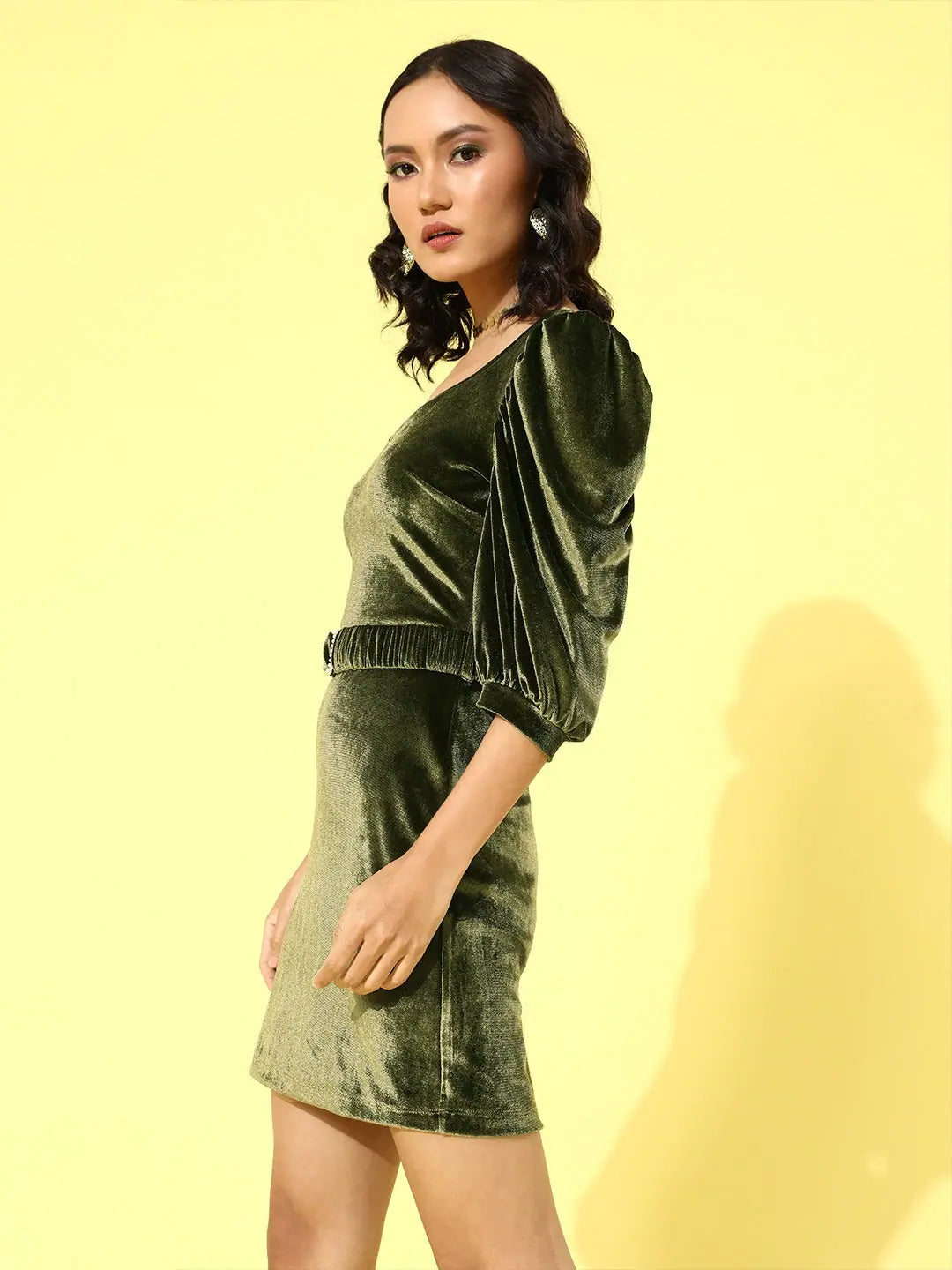 Olive Velvet Sweetheart Dress | Party Wear Dress