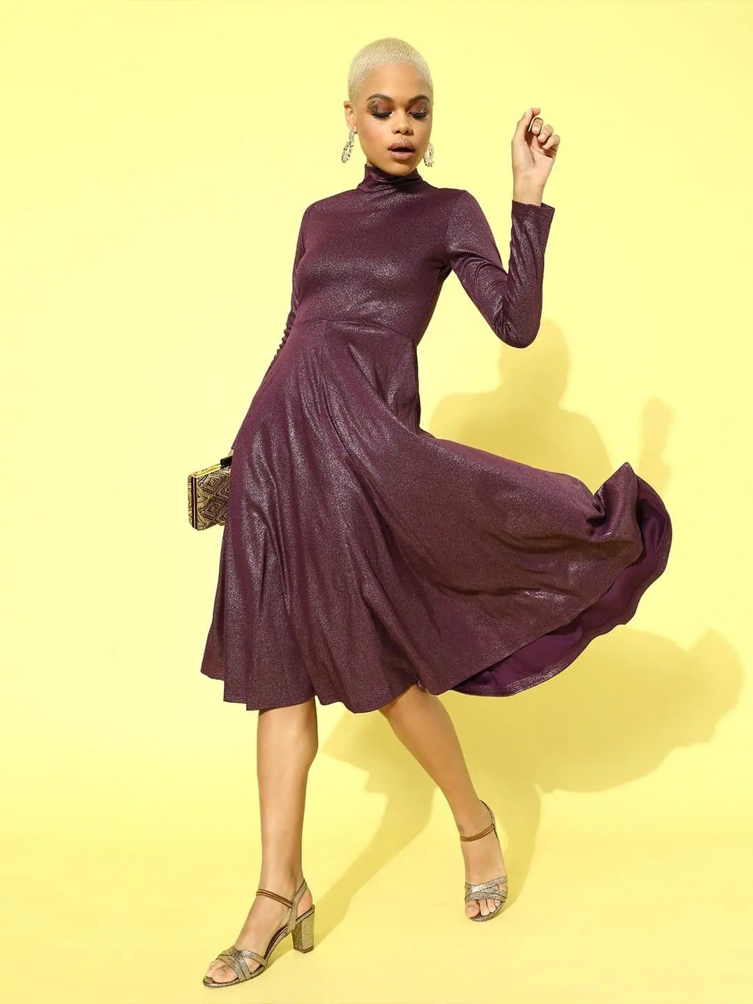 Purple Metallic Midi Dress | High Neck Flared Party Dress