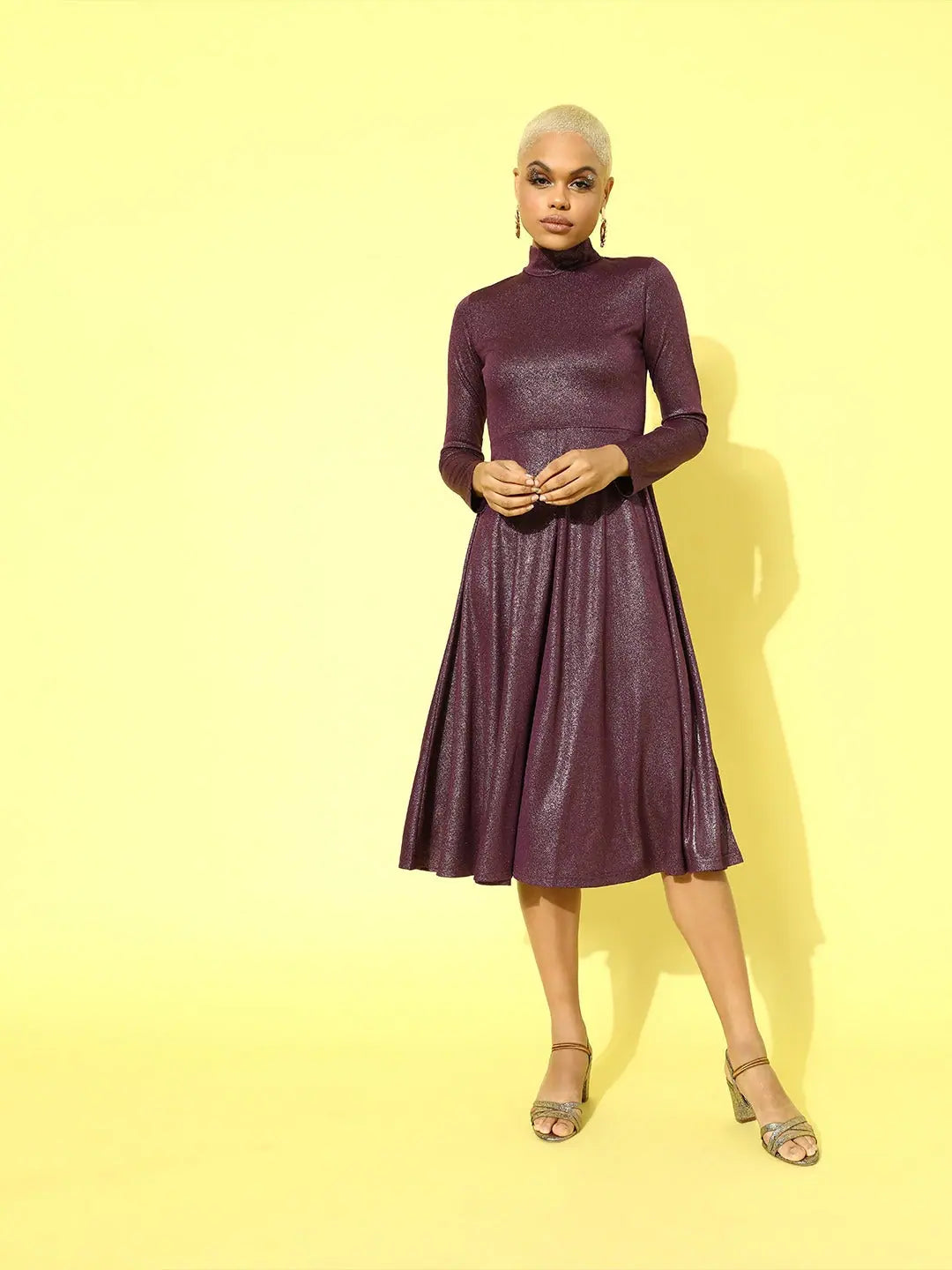 Purple Metallic Midi Dress | High Neck Flared Party Dress