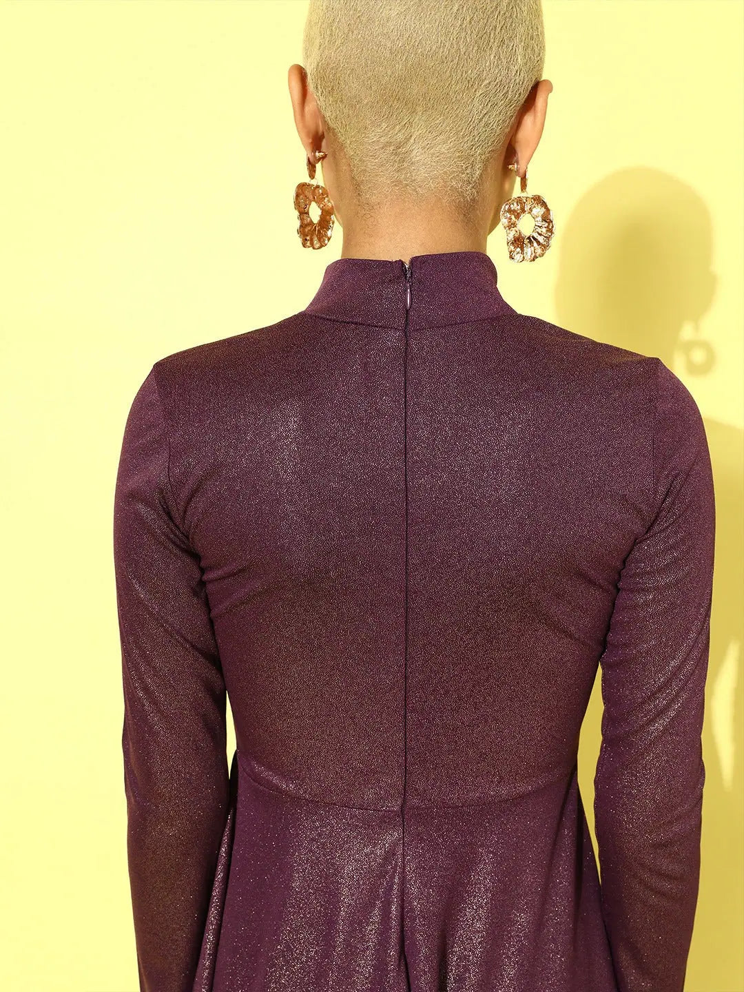 Purple Metallic Midi Dress | High Neck Flared Party Dress
