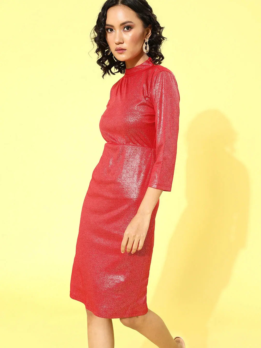 Red Metallic Knot Dress | Elegant Knee-Length Women's Dress